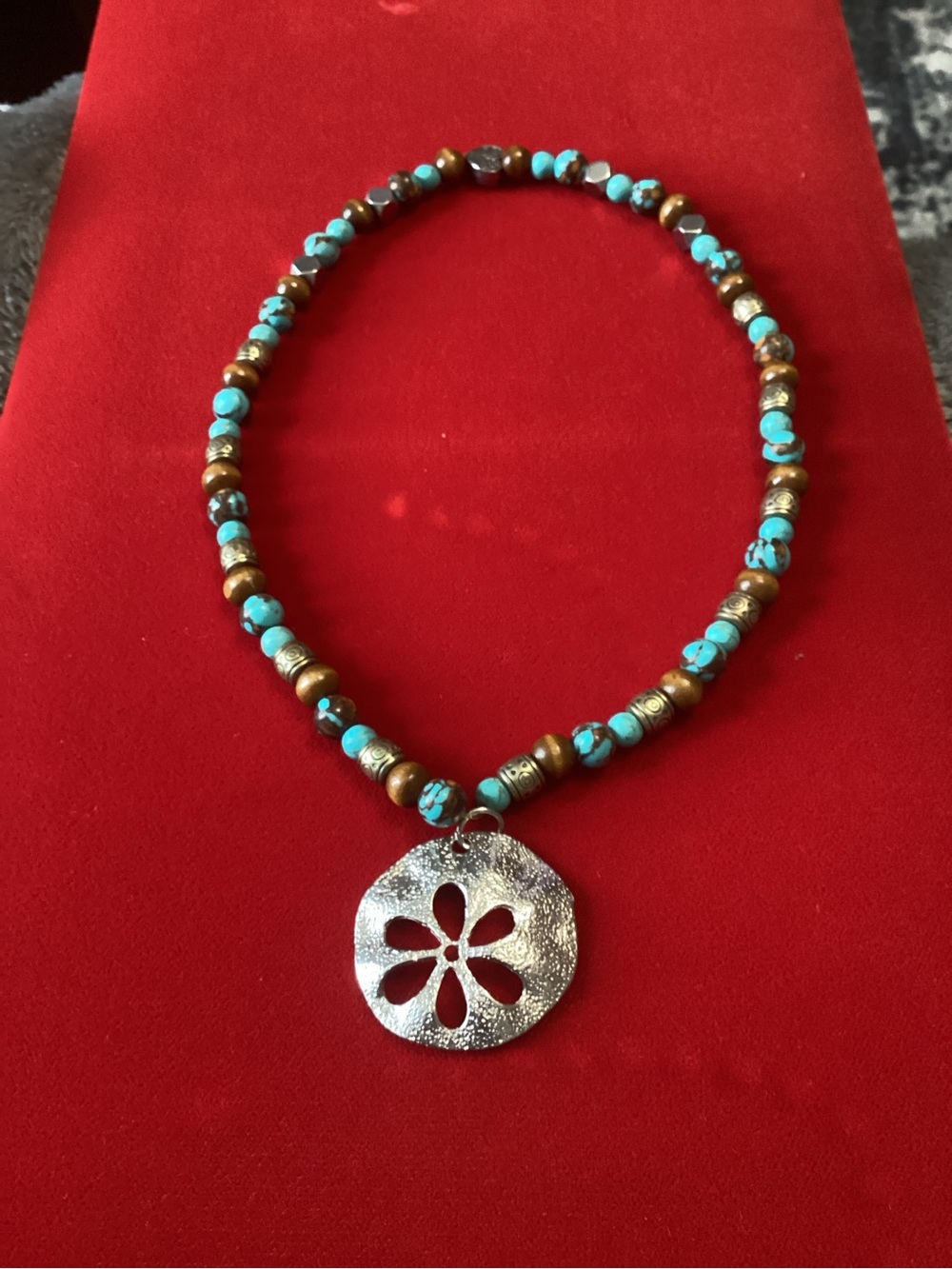 Turquoise and Bronze Beaded Necklace with Silver Flower Pendant